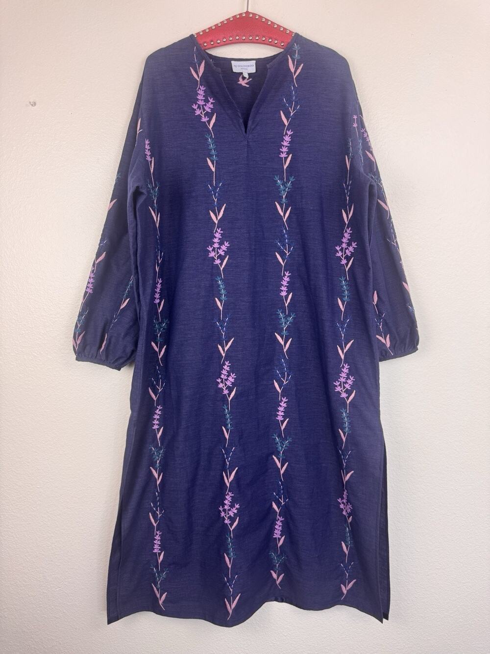 Mi Golondrina Embroidered Maricela Long Dress Kaftan Maxi Shift L/S Blue Large